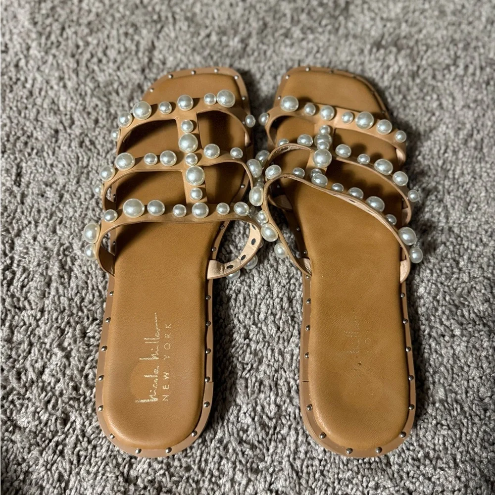 Nicole Miller Women's Tan Pearl Embellished Sandals | Size 7.5